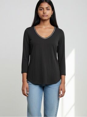 Vince Black Contrast Neck Semi Sheer T Shirt Size XS